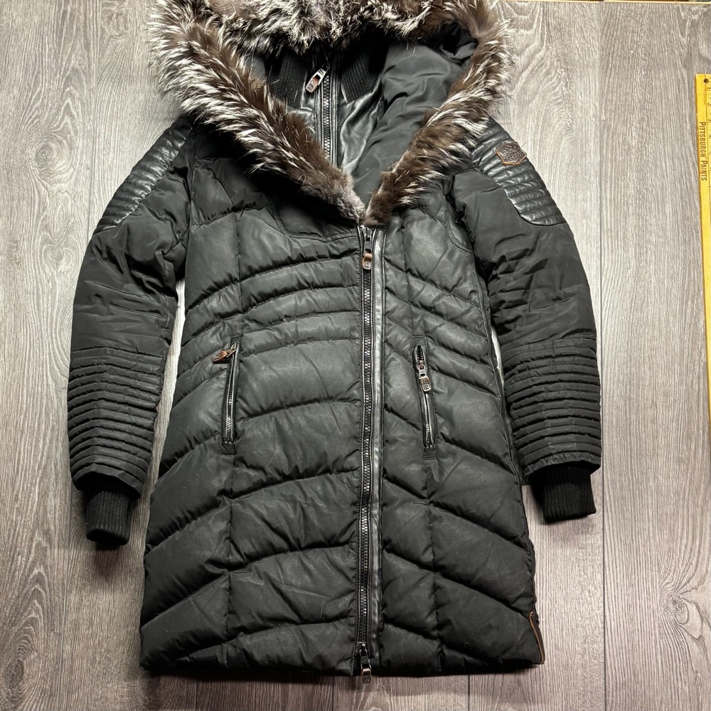 Nicole Benisti Down Parka Jacket Womens Small Full Zip Black Quilted Fur Trim